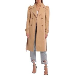 Avec Les Filles Small Beige Puff Sleeve Double Breasted Belted‎ Trench Coat